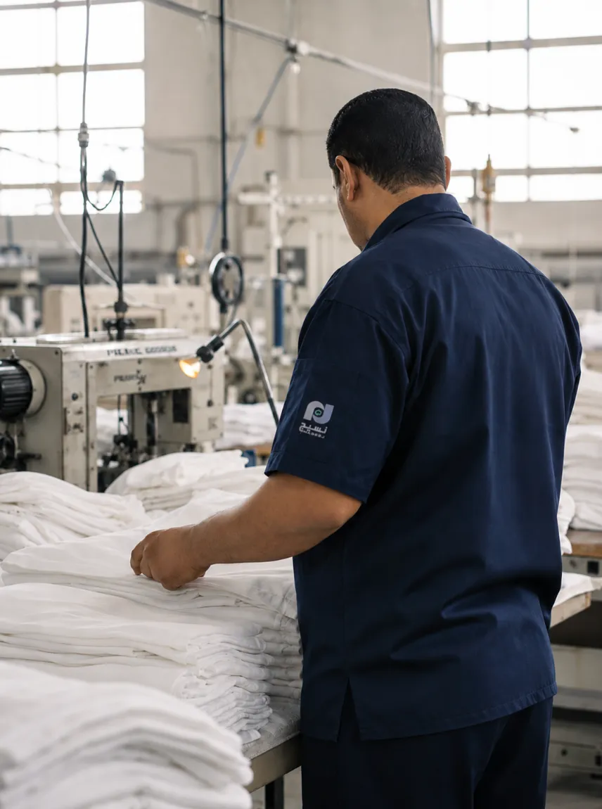 A Naseej worker in a branded uniform folding freshly finished linens on the factory floor